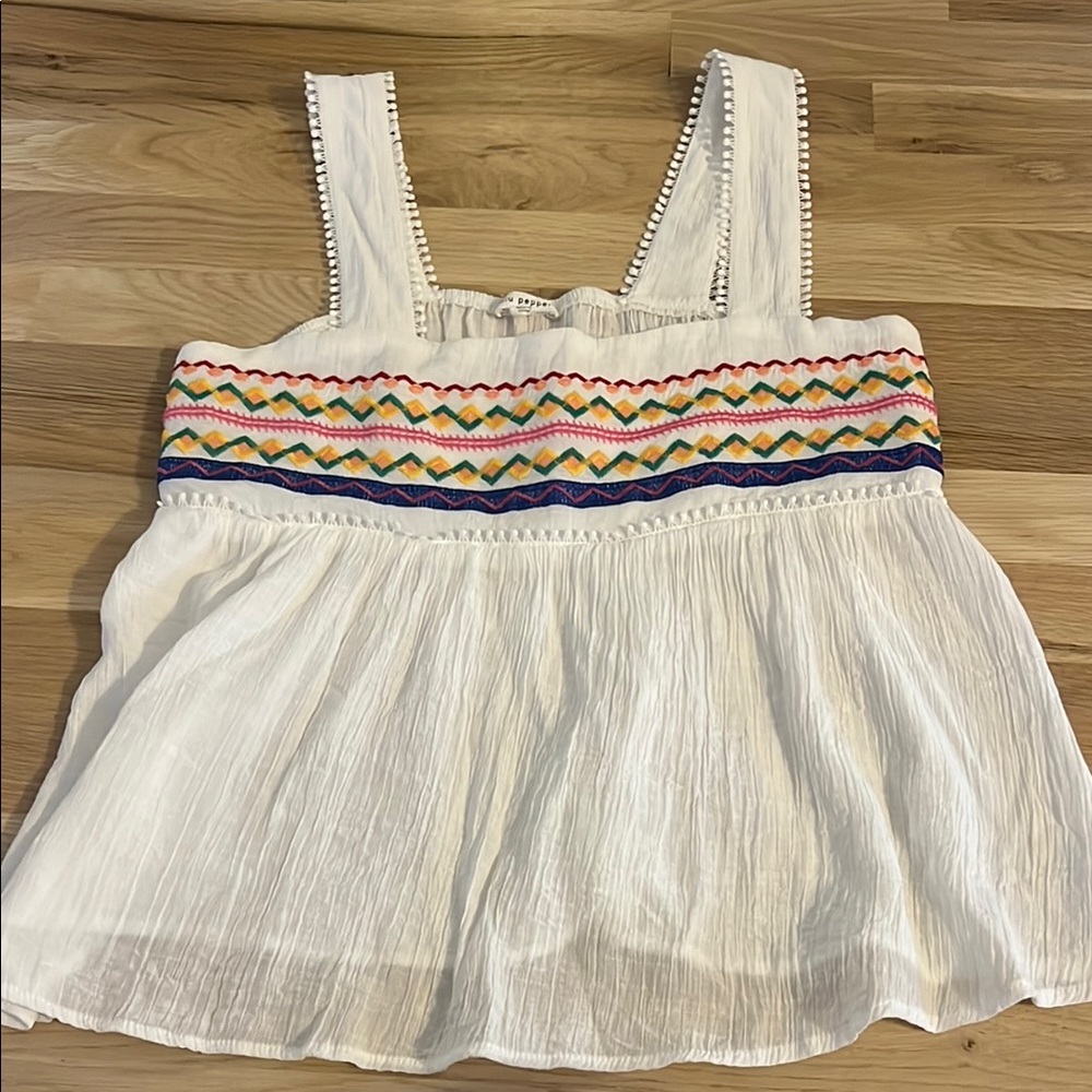 White Sleeveless Top with Colorful Embroidery